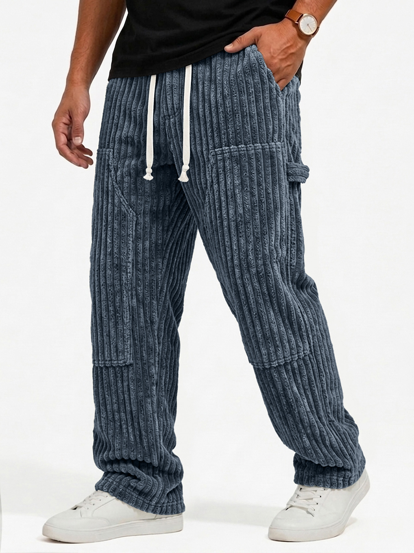 Men's Retro Corduroy Casual Cargo Pants with Multi-Pocket Patchwork Design