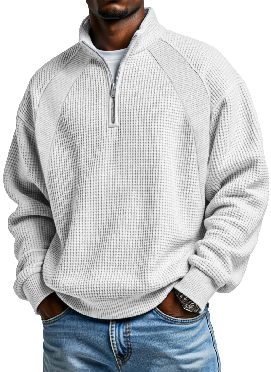 Men's Casual Solid Color Waffle Patchwork Design Zipper Stand Collar Long-sleeved Top