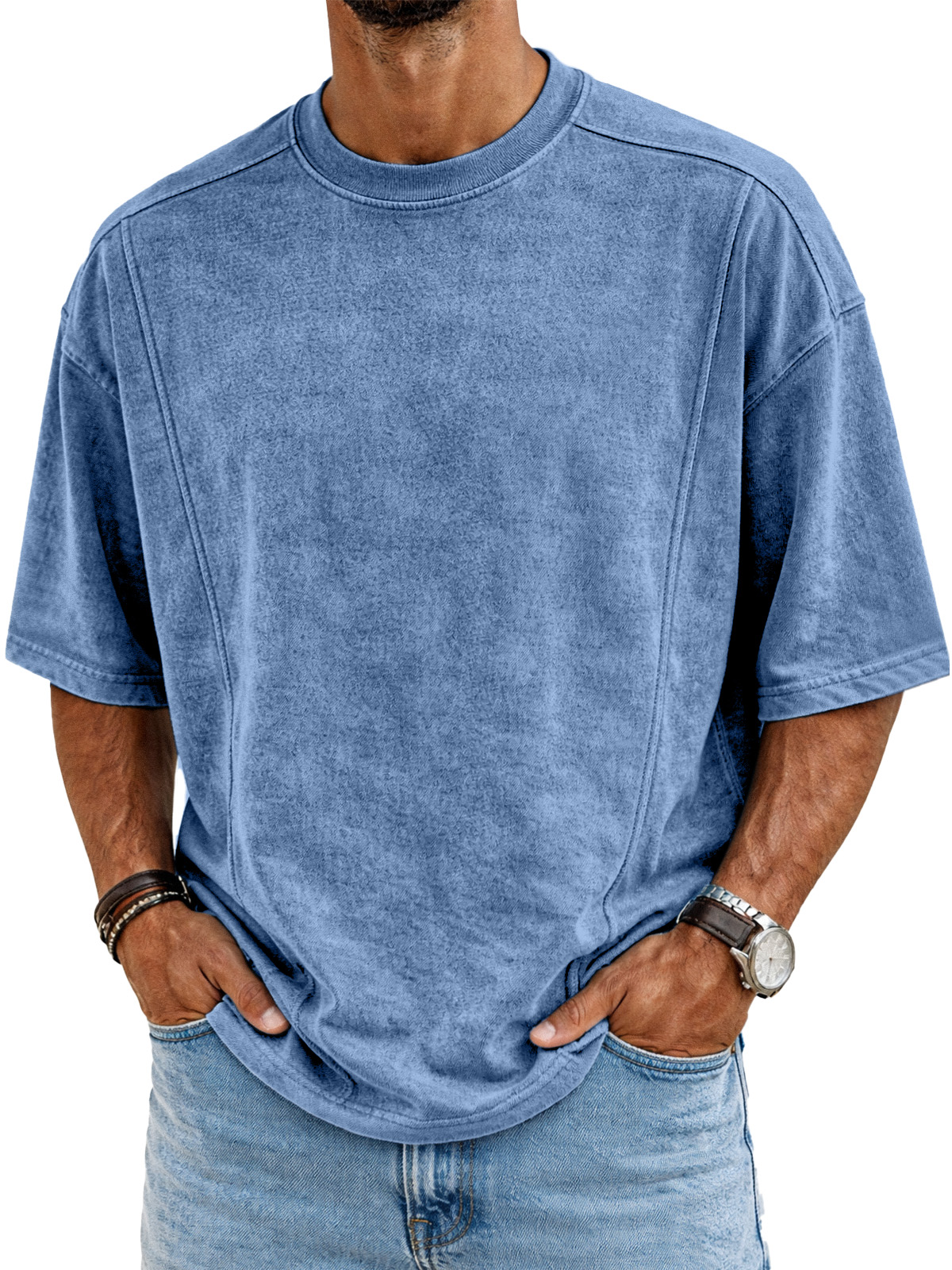 Men's Retro Deconstructed Design Solid Color Round Neck Short Sleeve T-shirt