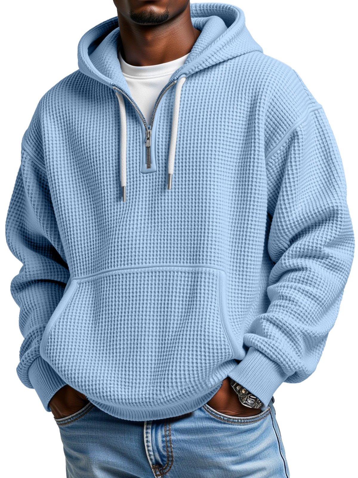 Men's Casual Solid Color Waffle Zipper Long Sleeve Hooded Sweatshirt