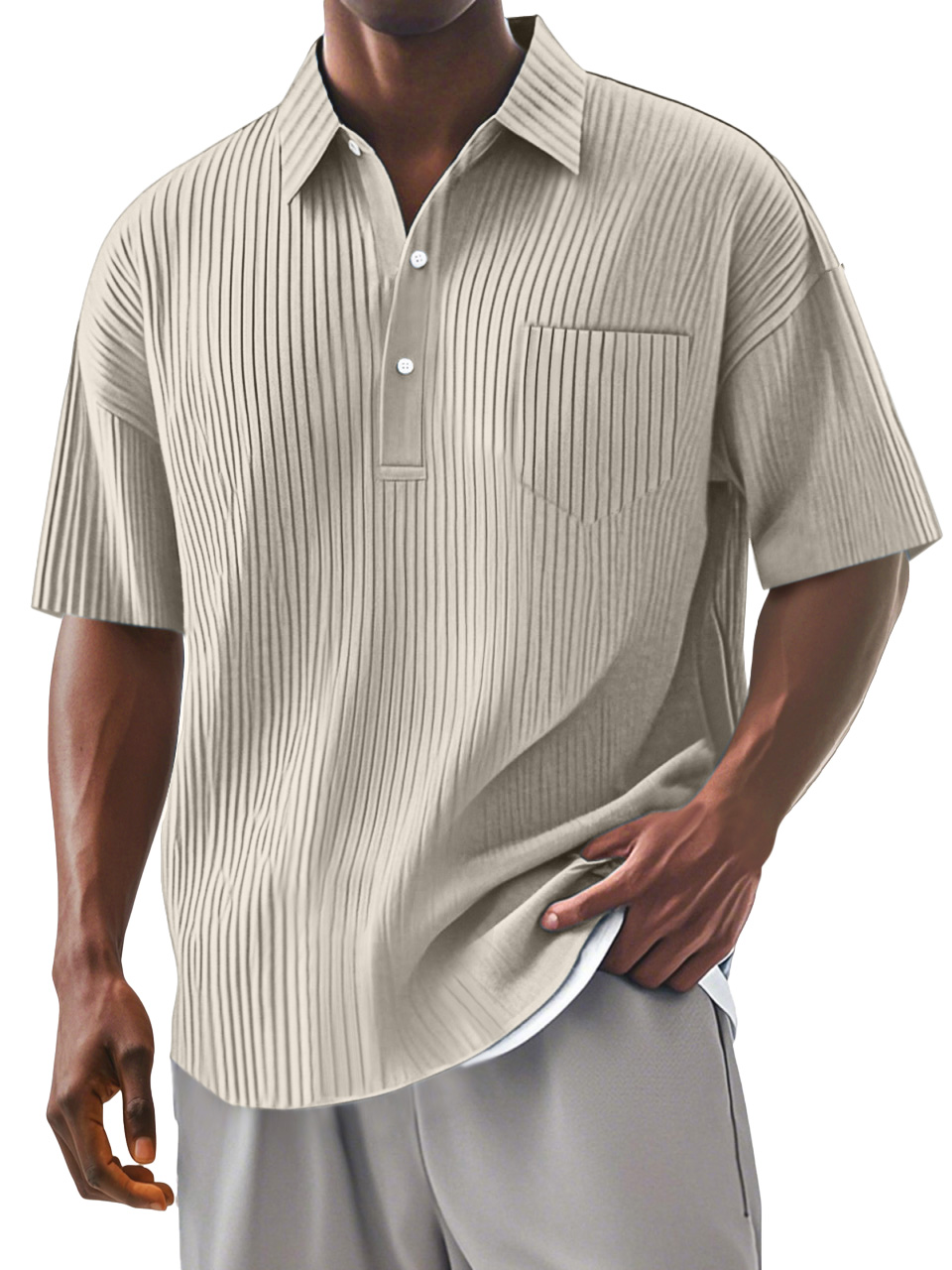Men's Daily Solid Color Vertical Stripe Texture Short-sleeved Polo Shirt