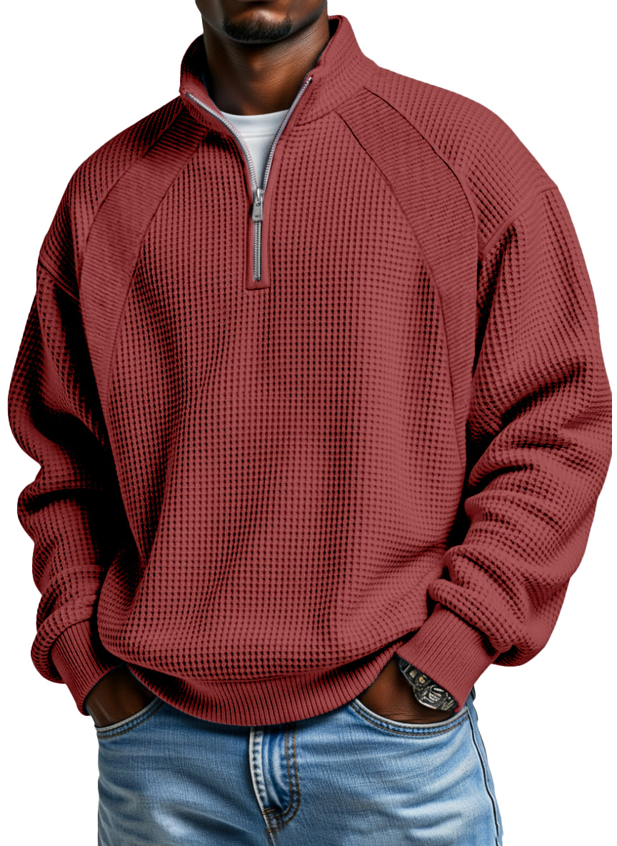Men's Casual Solid Color Waffle Patchwork Design Zipper Stand Collar Long-sleeved Top