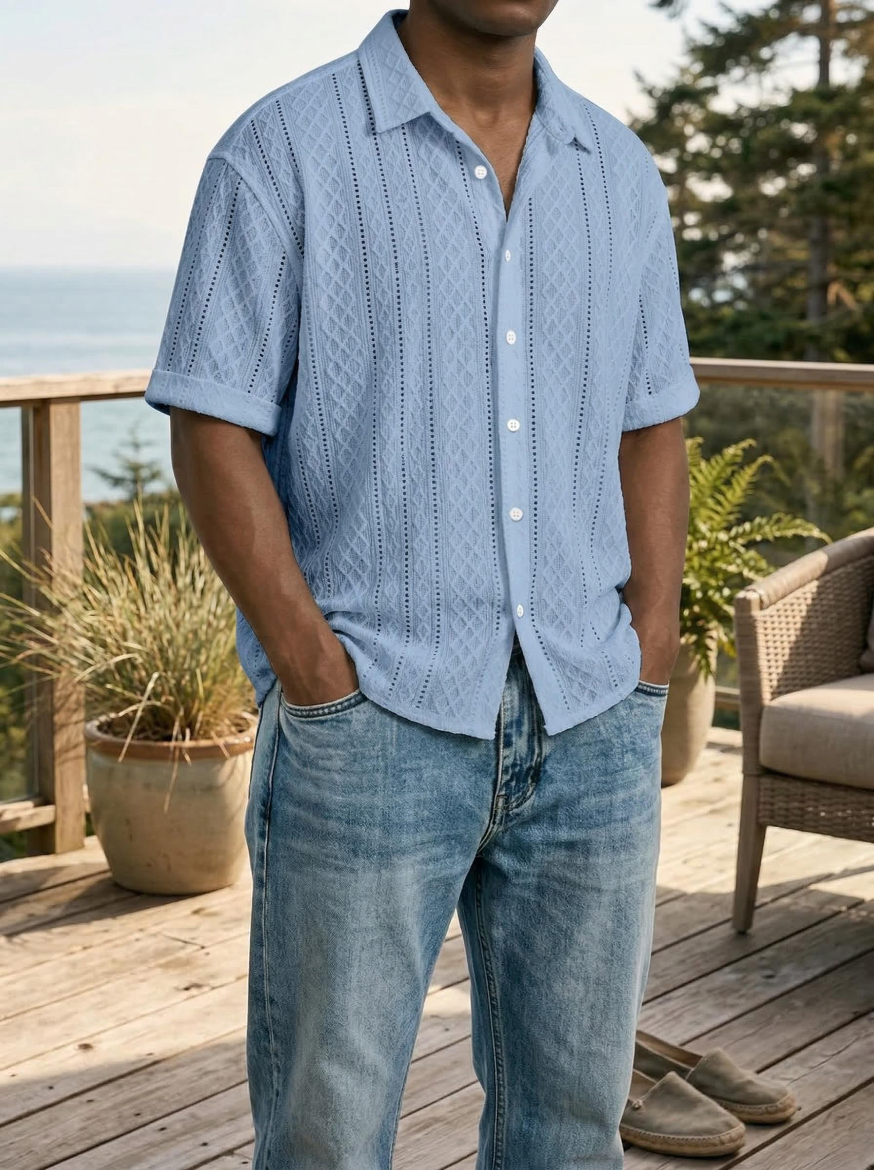 Men's Daily Casual Solid Color Textured Lapel Short-sleeved Shirt