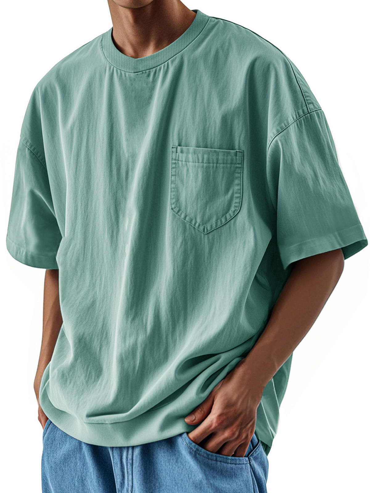 Men's Fashion Casual Retro Shirt Round Neck Pocket Short Sleeve T