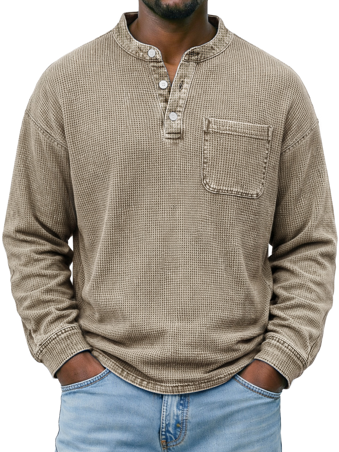Men's Simple Waffle-knit Casual Long-sleeved Henley Shirt With Pocket