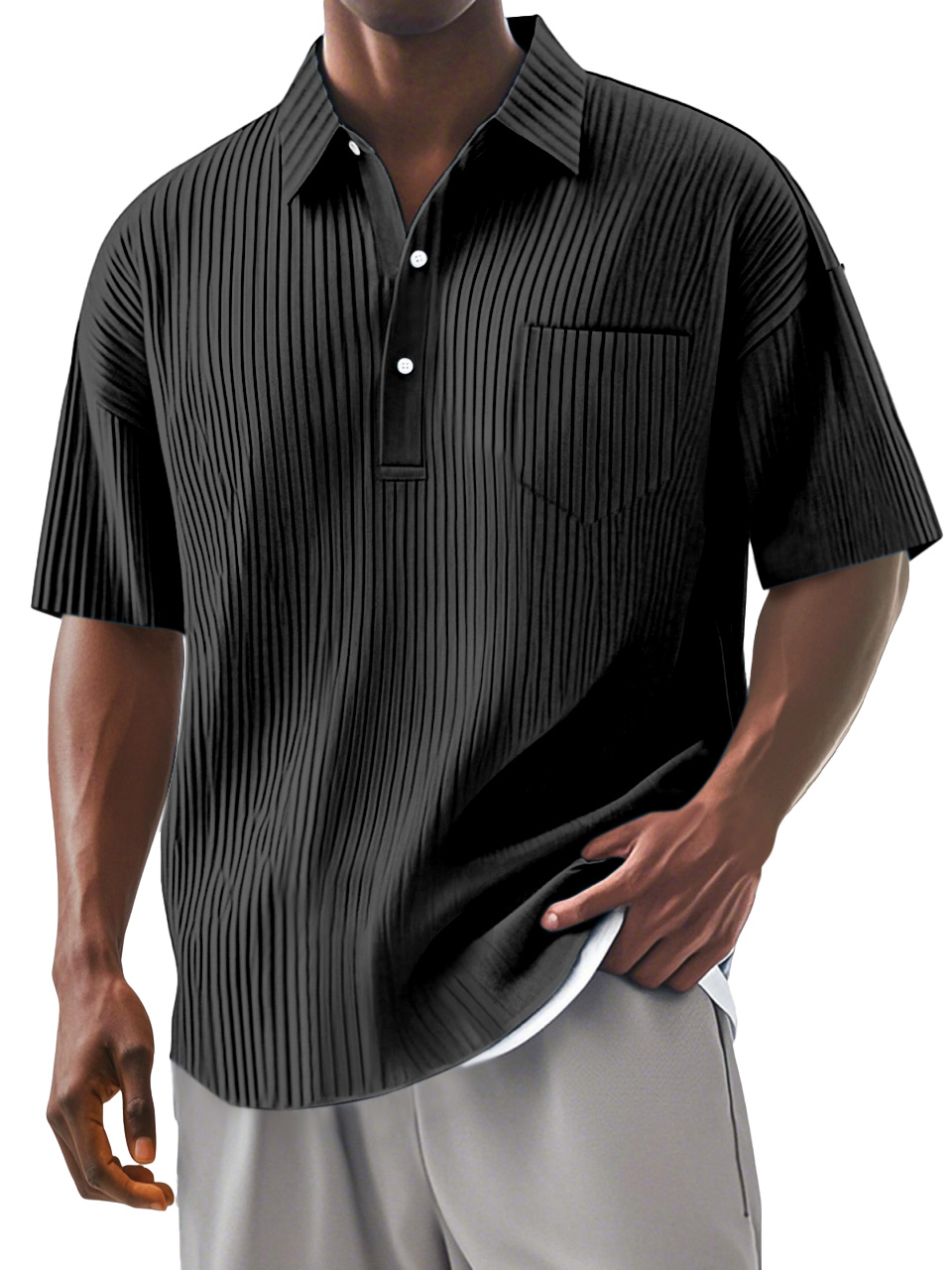 Men's Daily Solid Color Vertical Stripe Texture Short-sleeved Polo Shirt