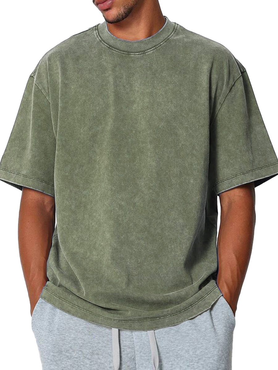 Men's Fashion Casual Retro Distressed Pure Cotton Round Neck Short-sleeved T-shirt 