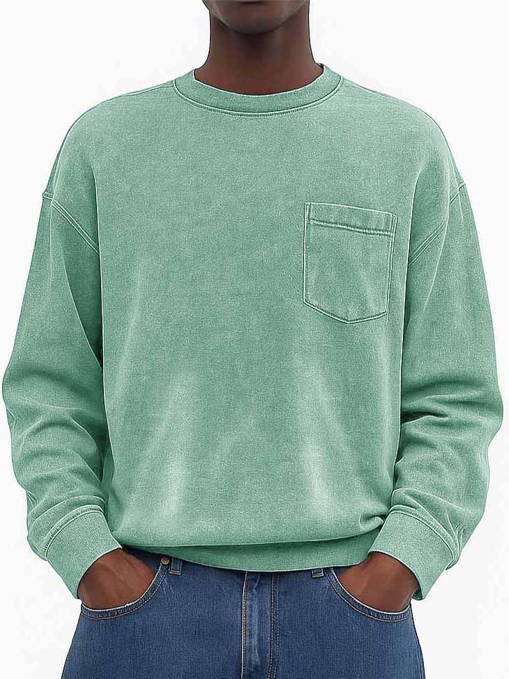Men's Stylish Vintage Washed And Distressed Fabric Loose-fitting Long-sleeved Crew Neck Sweatshirt With Pockets