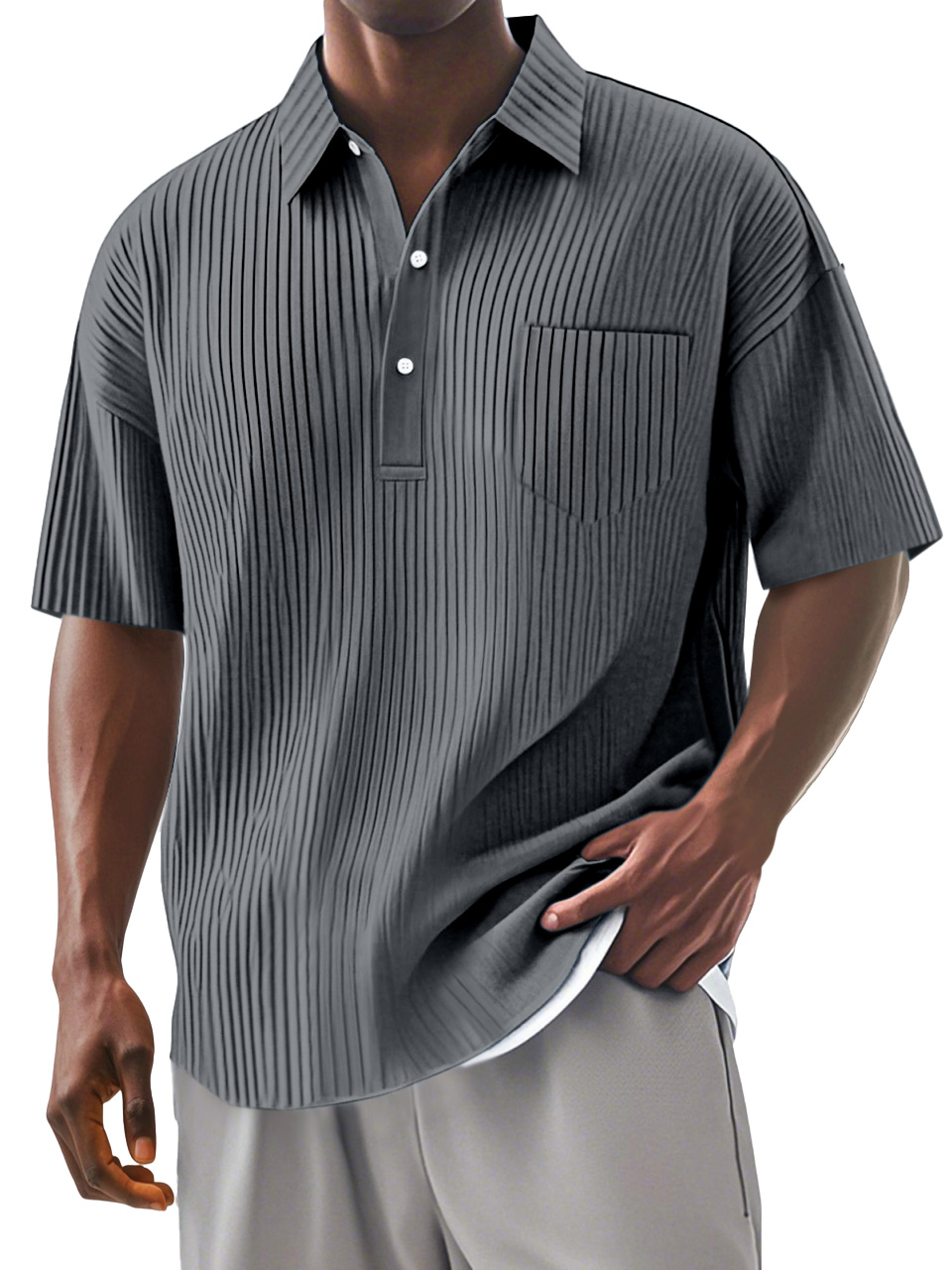 Men's Daily Solid Color Vertical Stripe Texture Short-sleeved Polo Shirt