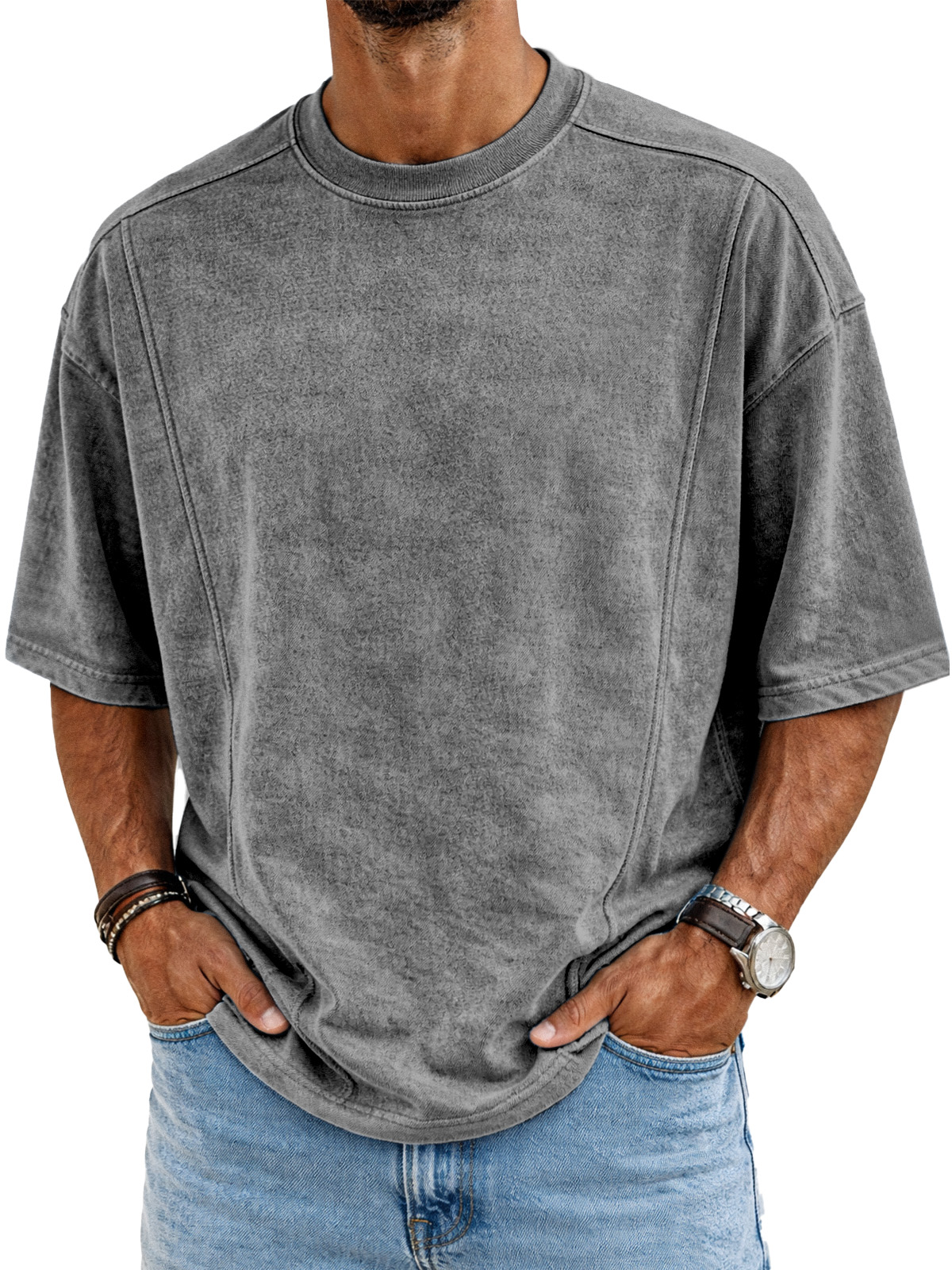 Men's Retro Deconstructed Design Solid Color Round Neck Short Sleeve T-shirt