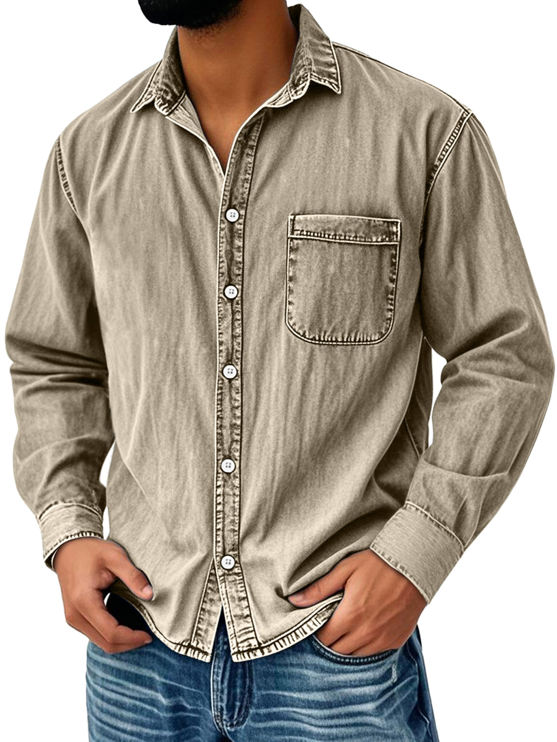 Men's Vintage Distressed Lapel Pocket Casual Long-sleeved Shirt