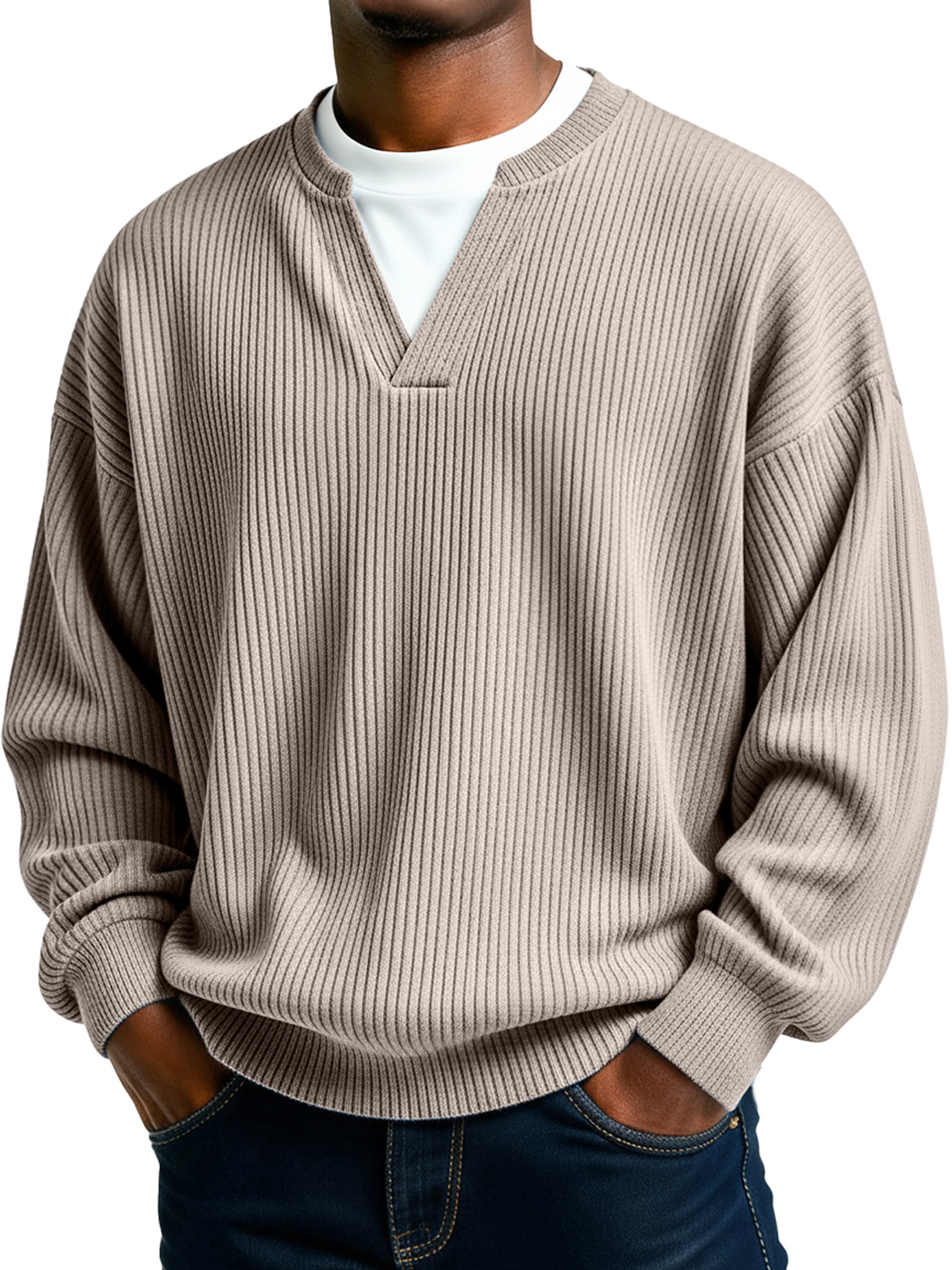Men's Simple Ribbed V-Neck Faux Two-Piece Casual Long-Sleeve T-Shirt
