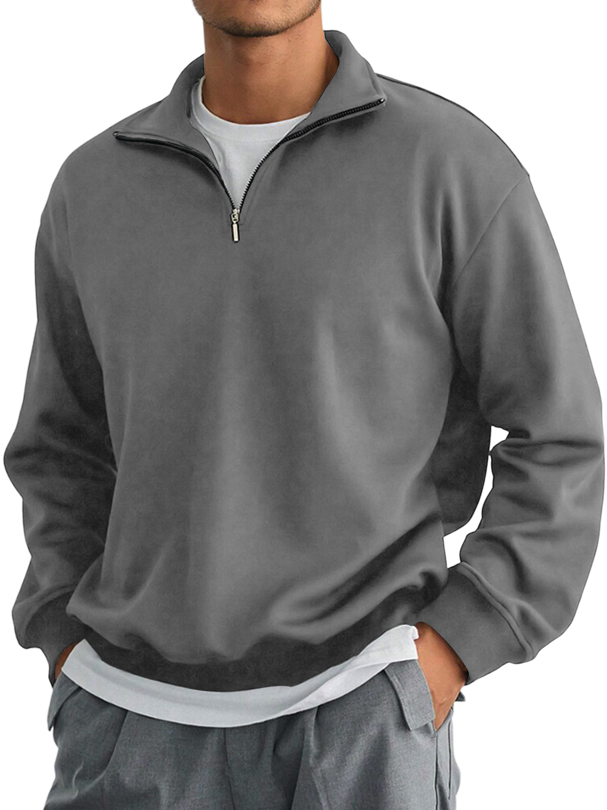 Men's Autumn Stand Collar Zipper Solid Color Comfortable Long-sleeved Sweatshirt