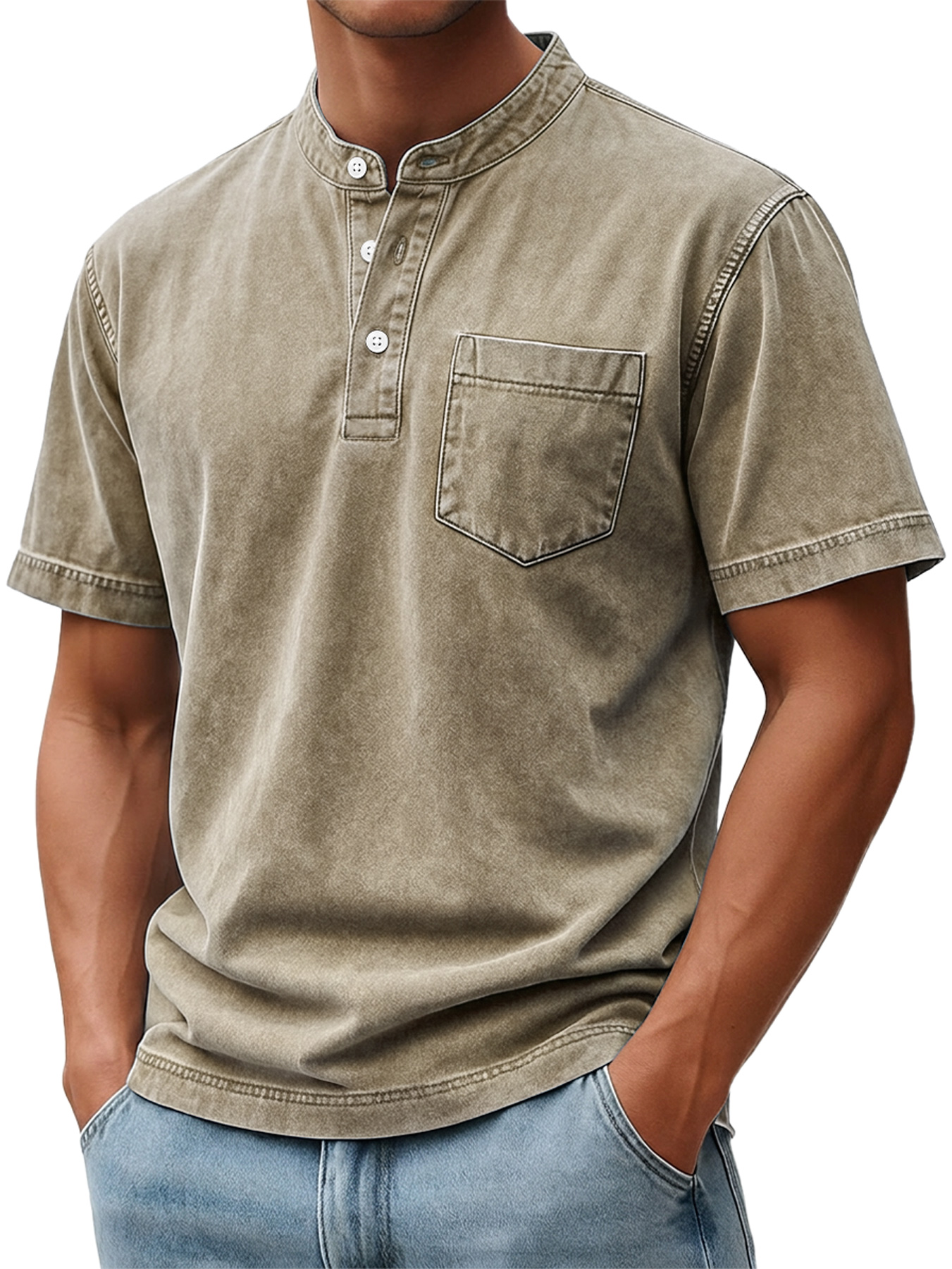Men's Retro Casual Stand Collar Button-Down Short Sleeve Henley Shirt