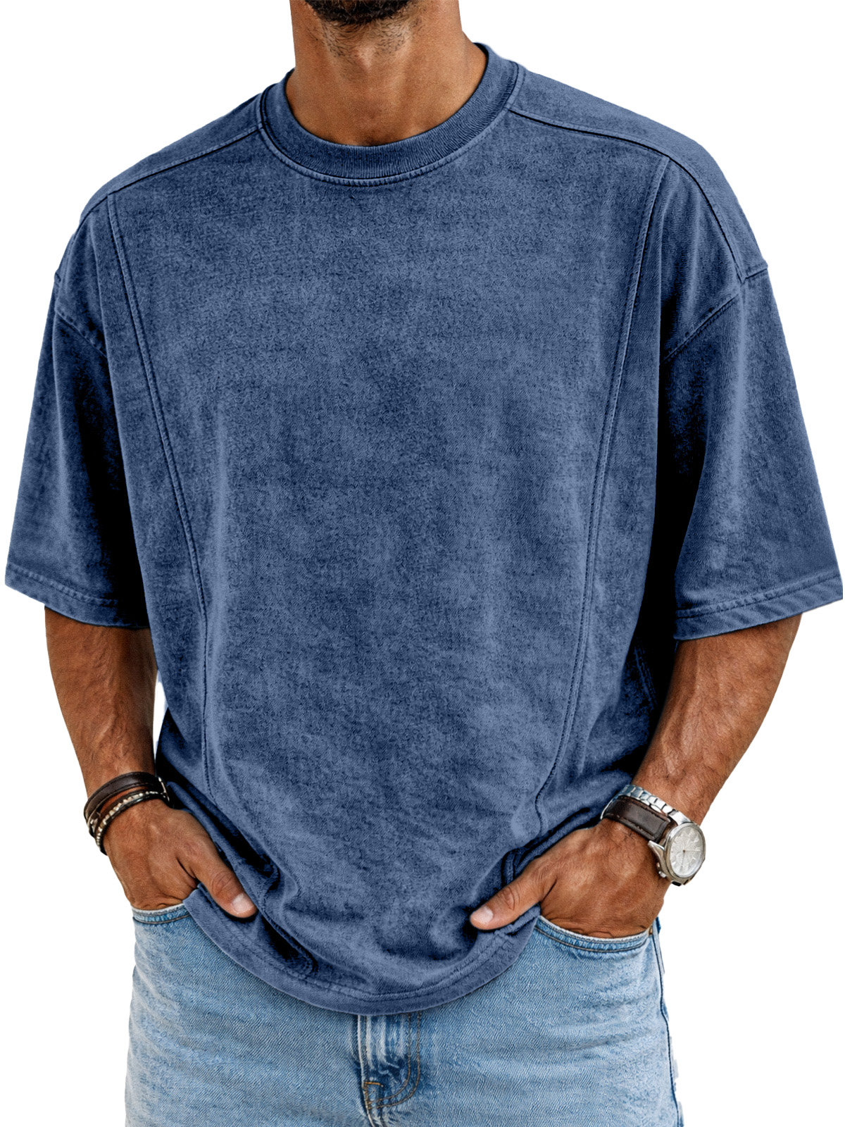 Men's Retro Deconstructed Design Solid Color Round Neck Short Sleeve T-shirt