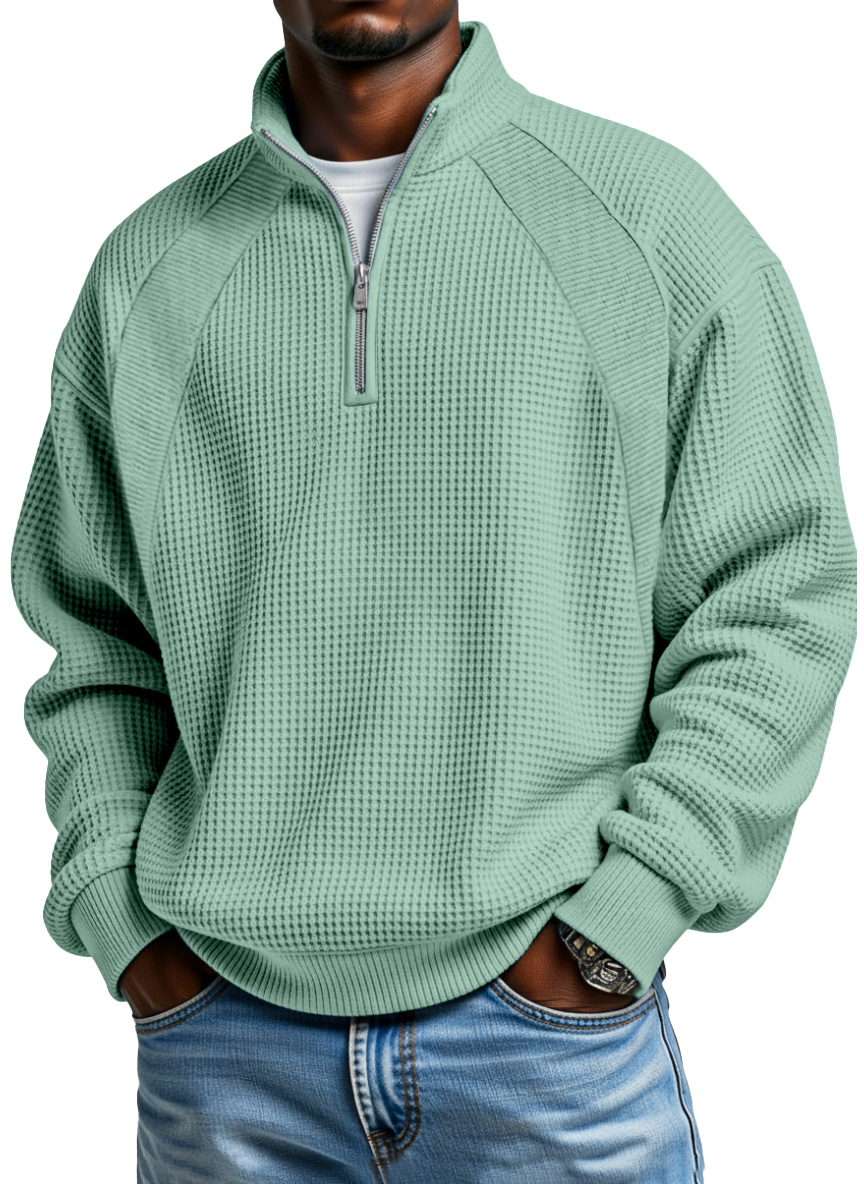 Men's Casual Solid Color Waffle Patchwork Design Zipper Stand Collar Long-sleeved Top