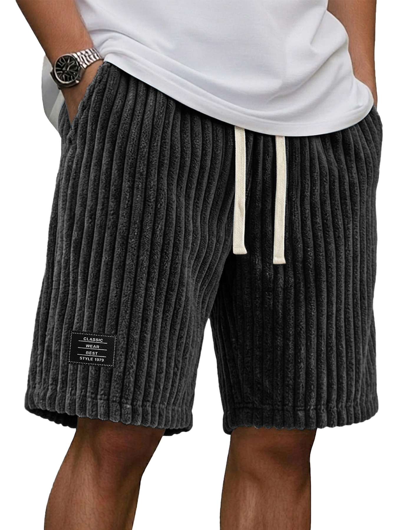 Men's Casual Retro Corduroy Embroidered Logo Loose Shorts