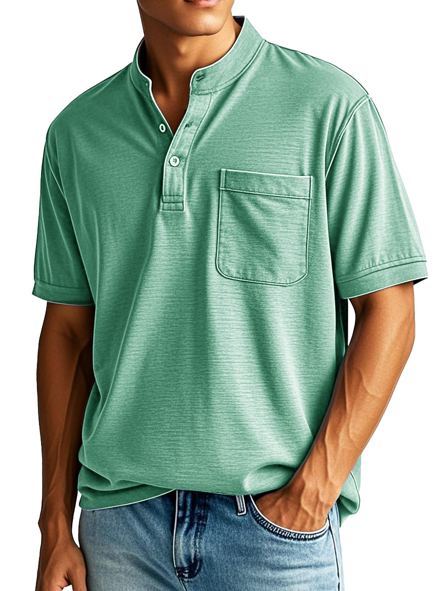 Men's Fashion Casual Stand-up Collar Pocket Short-sleeved Henley Shirt 