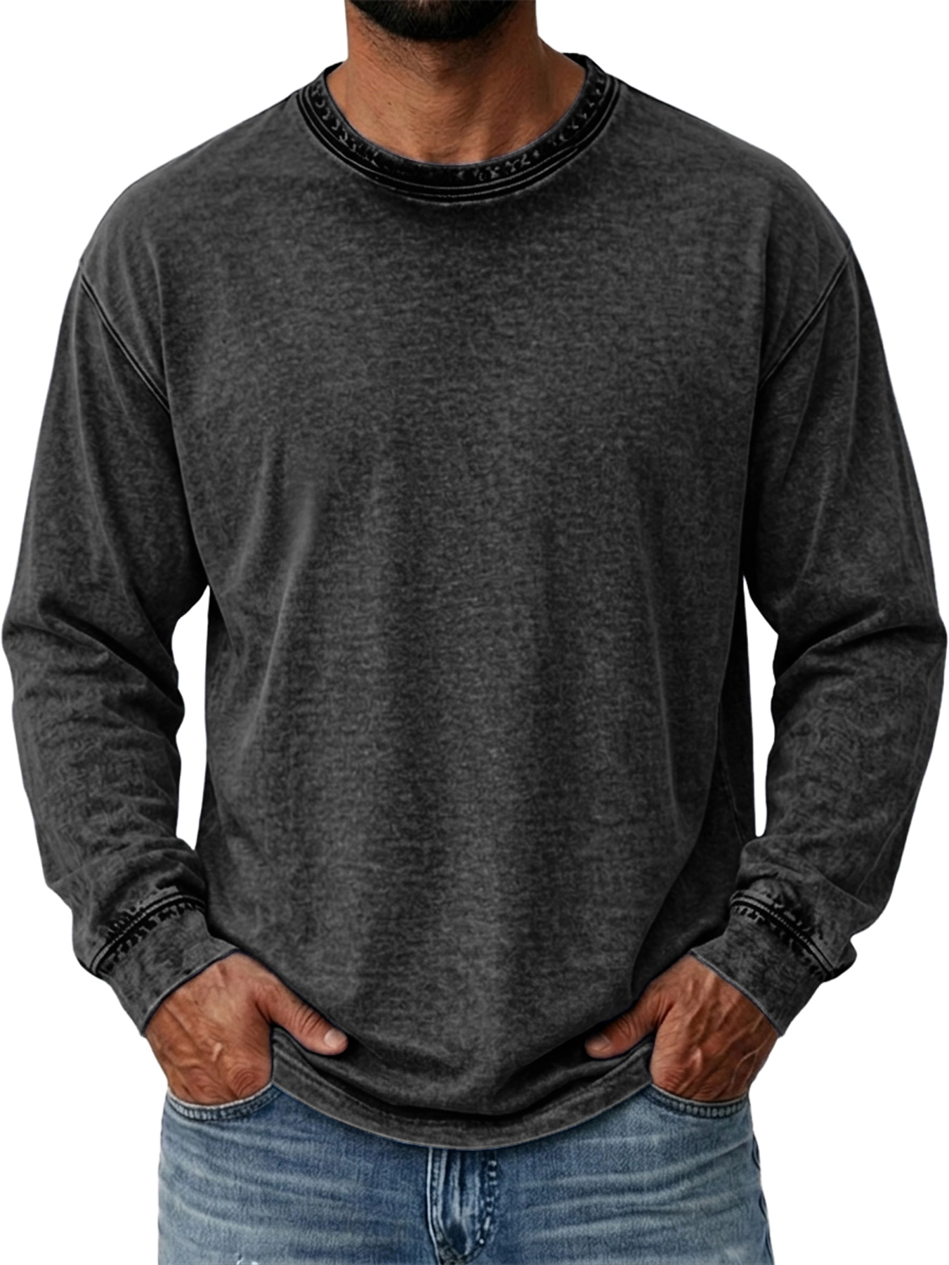 Men's Vintage-Style Distressed Crew-Neck Washed Casual Long-Sleeve T-Shirt