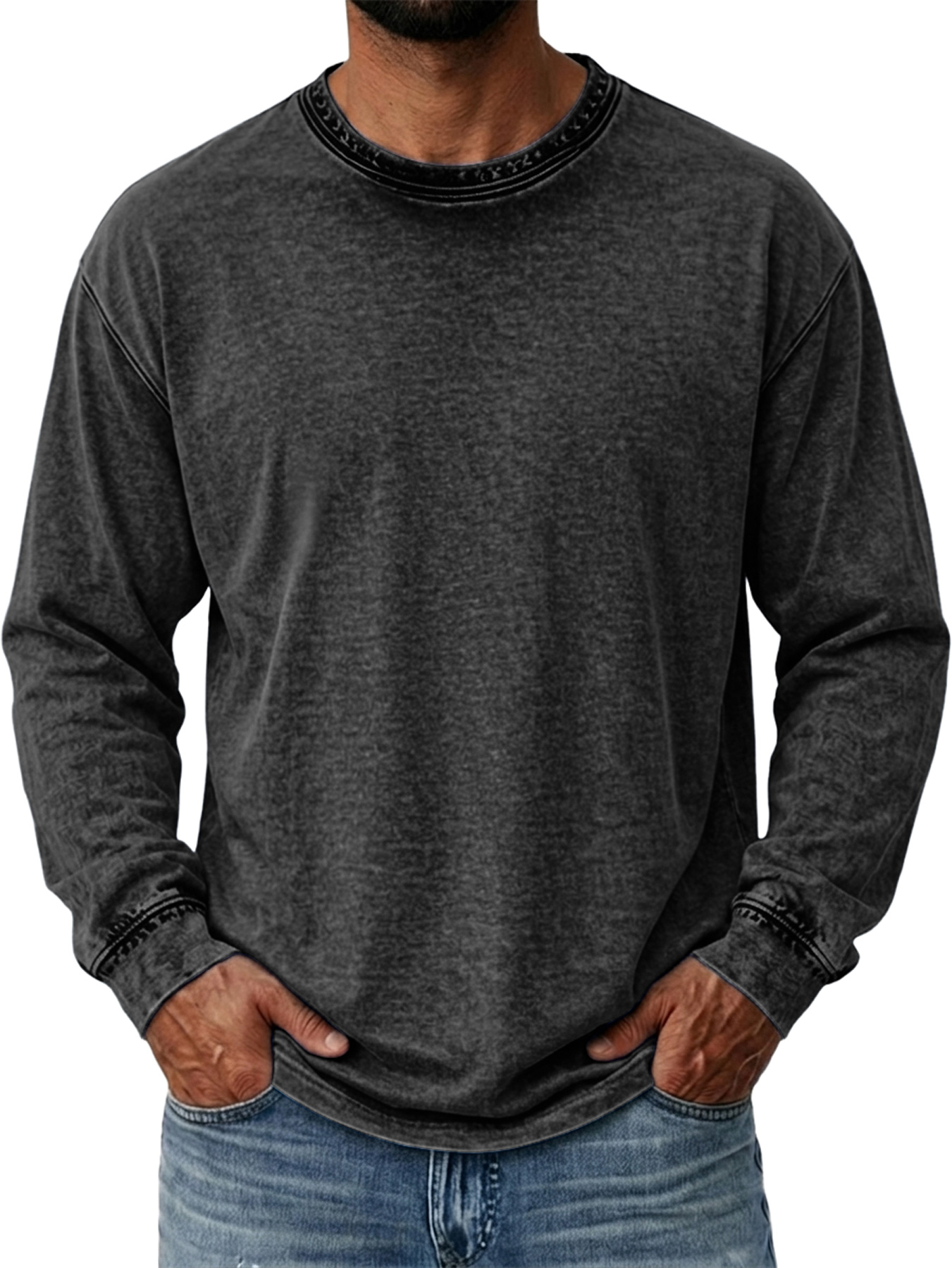 Men's Vintage-Style Distressed Crew-Neck Washed Casual Long-Sleeve T-Shirt