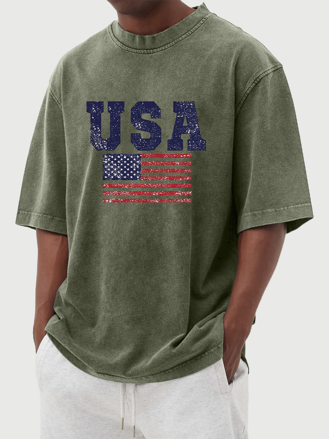 Men's vintage washed USA flag printed short sleeve T-shirt