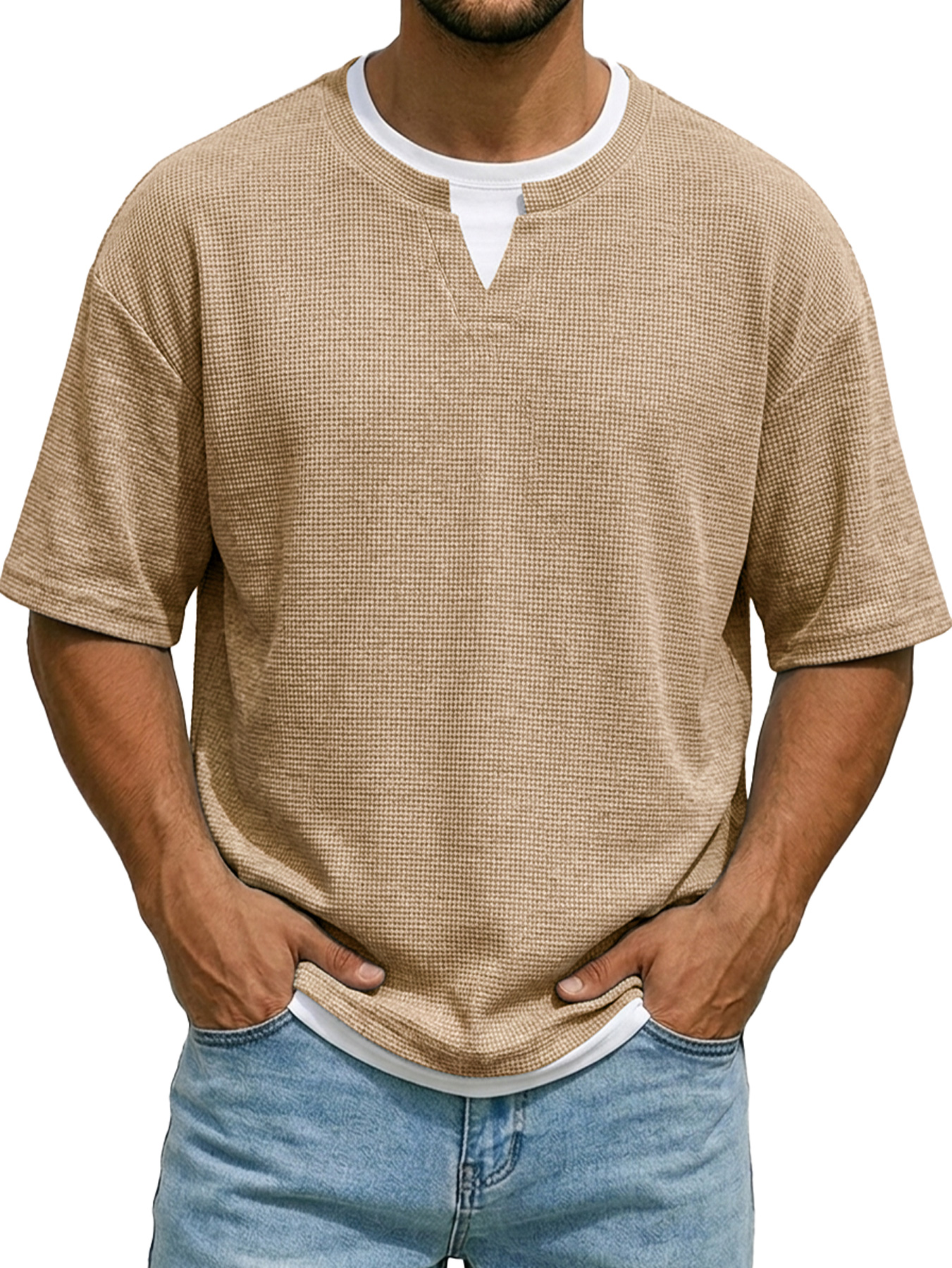 Men's Waffle-knit Faux Two-piece Casual Short-sleeved T-shirt
