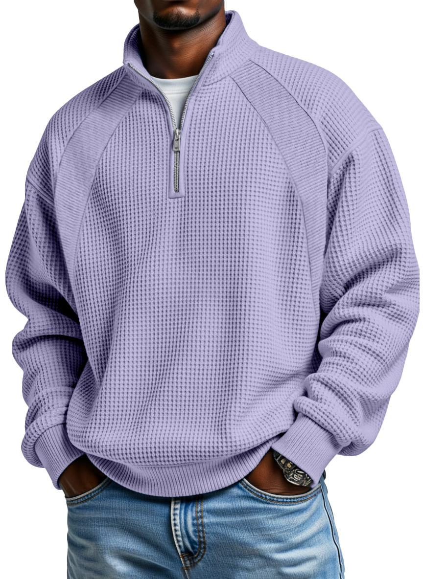Men's Casual Solid Color Waffle Patchwork Design Zipper Stand Collar Long-sleeved Top