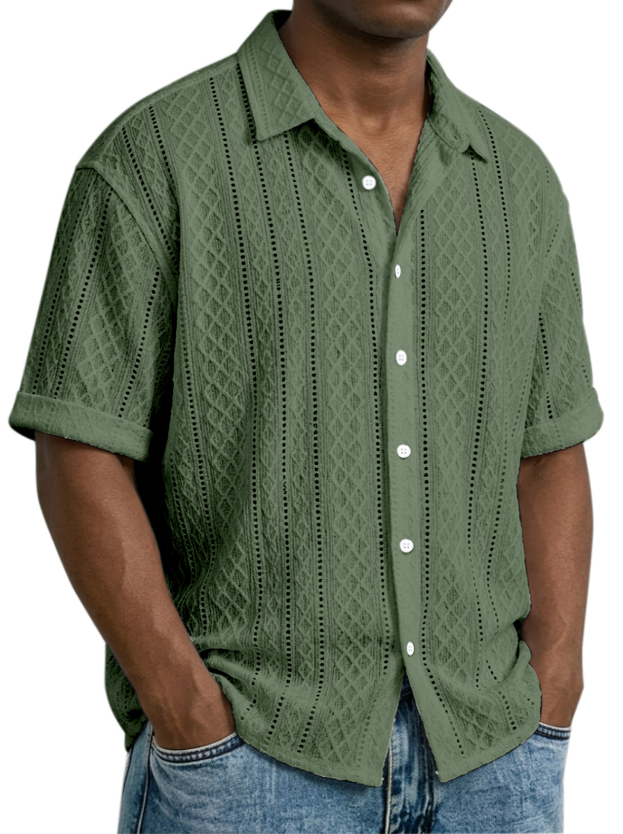 Men's Daily Casual Solid Color Textured Lapel Short-sleeved Shirt