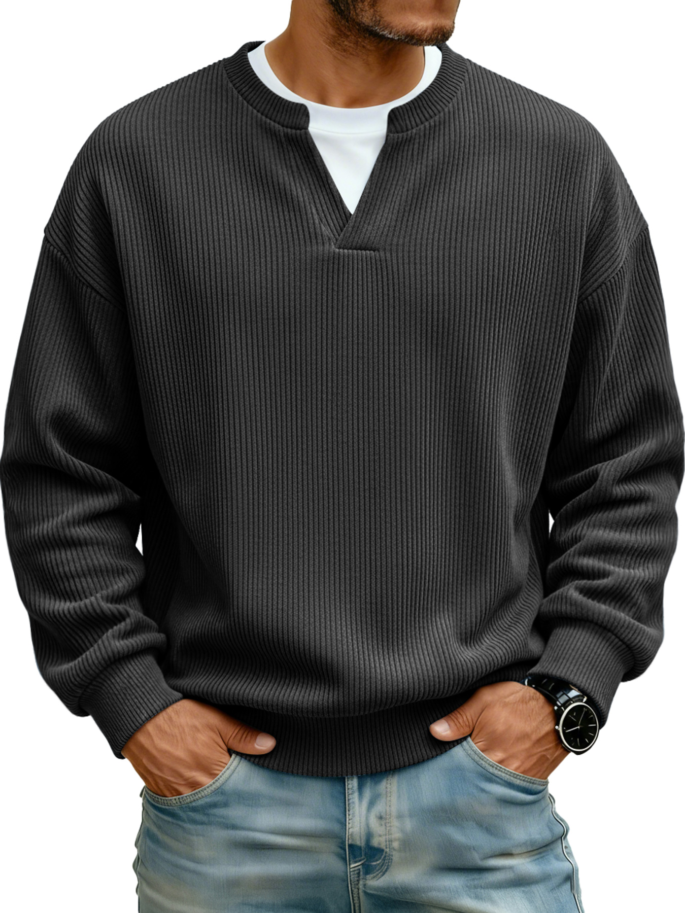 Men's Ribbed V-neck Faux Two-Piece Casual Long-Sleeve T-Shirt