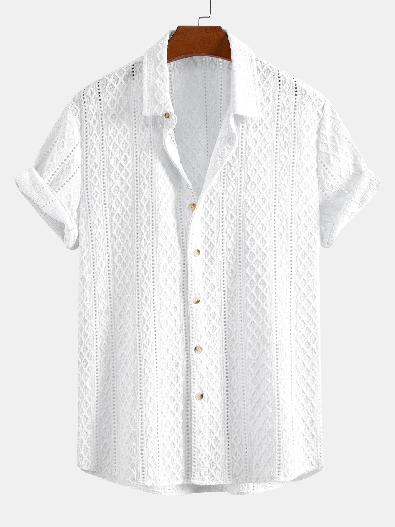 Men's Daily Casual Solid Color Textured Lapel Short-sleeved Shirt