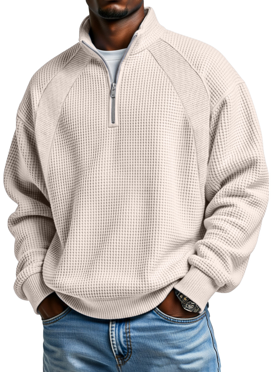 Men's Casual Solid Color Waffle Patchwork Design Zipper Stand Collar Long-sleeved Top