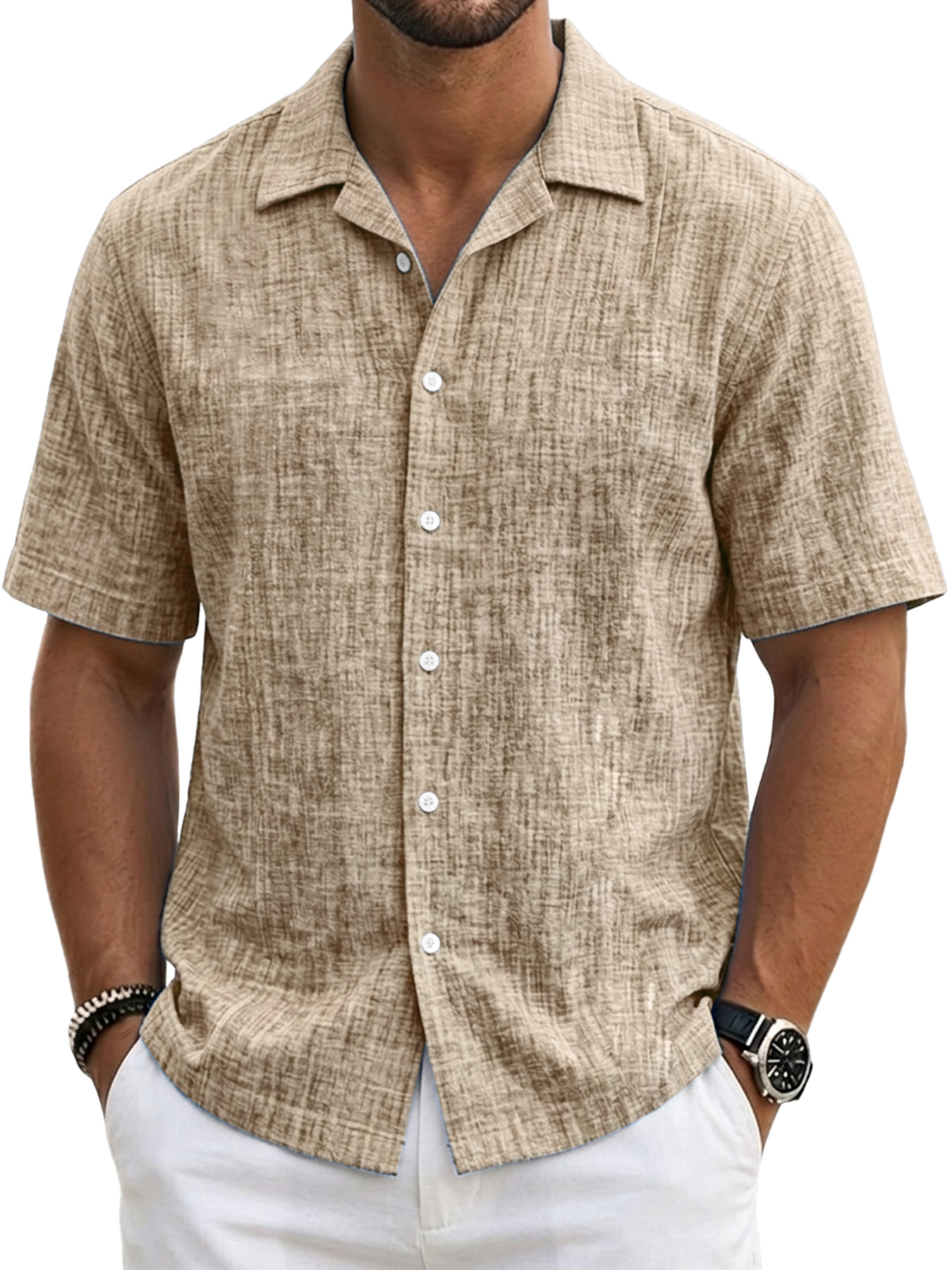 Men's Casual Linen Comfort Solid Color Short-Sleeve Shirt