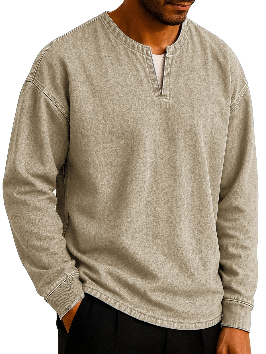  Men's Stylish Casual Outdoor V-neck Distressed Loose-fitting Long-sleeved T-shirt 