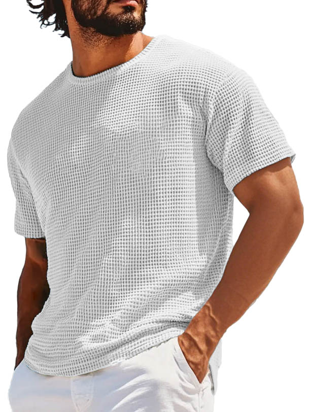 Men's Retro Fashion Round Neck Waffle Texture Fabric Short-sleeved T-shirt