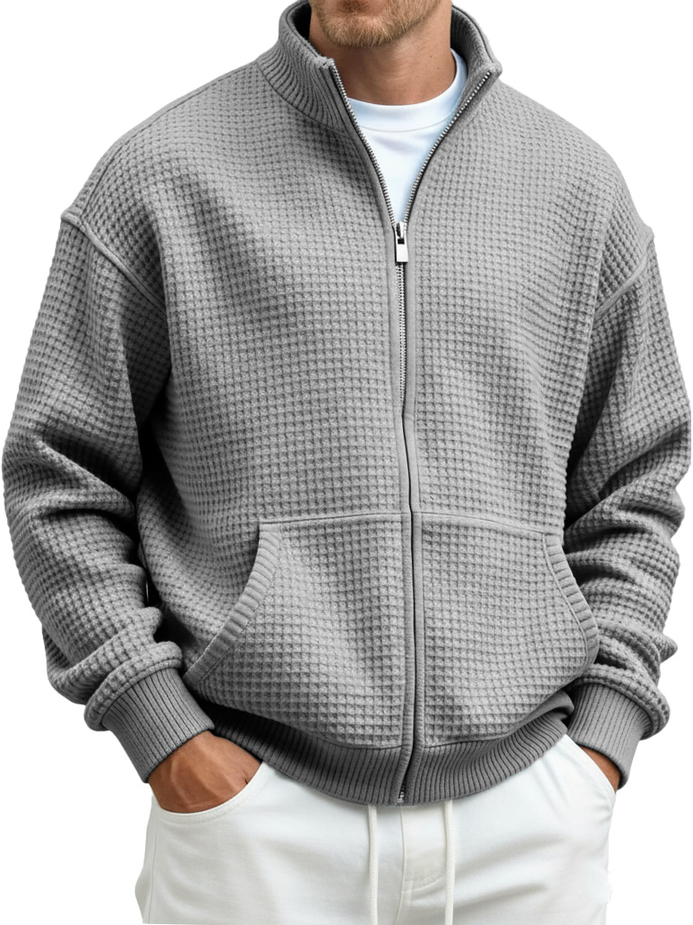 Men's Fashion Casual Waffle Fabric Stand Collar Long-Sleeve Pocket Sweatshirt