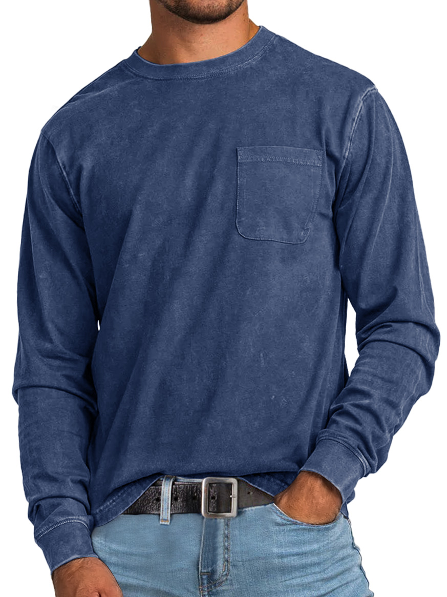 Men's Retro Casual Round Neck Pocket Solid Color Long Sleeve T-Shirt