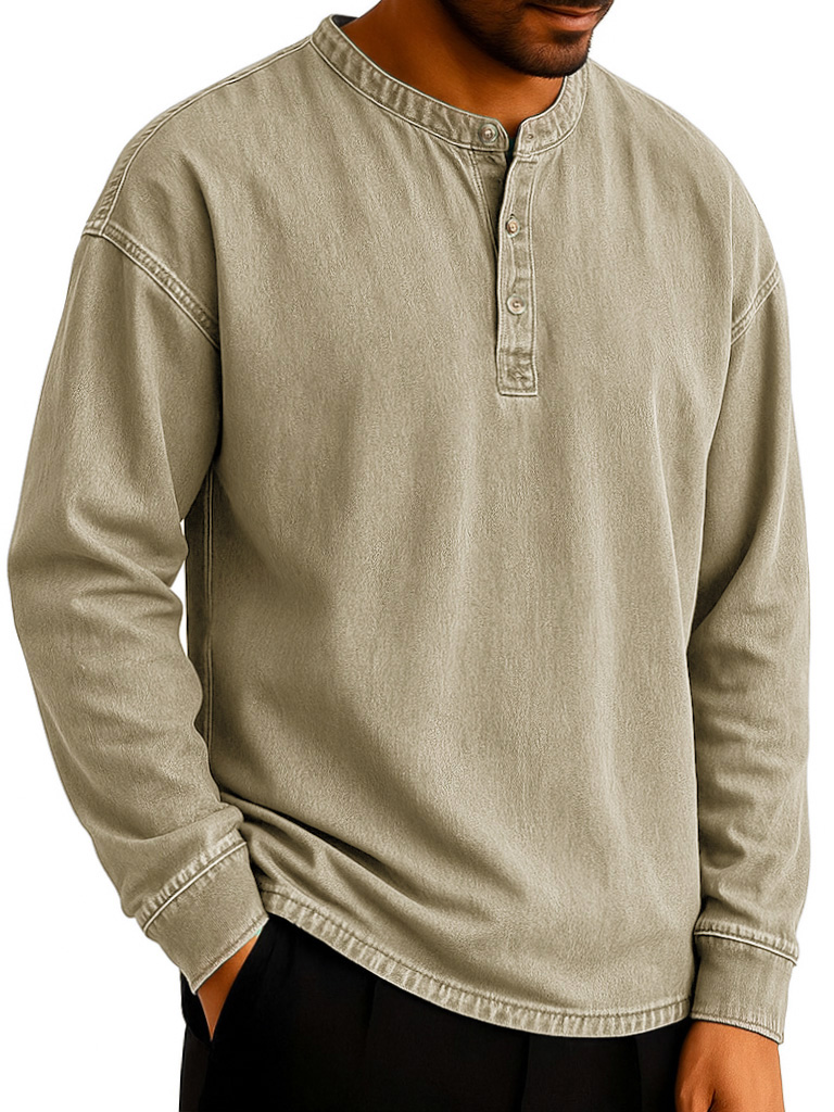 Men's Stylish Retro Distressed Long-sleeved Multicolor Henley Shirt