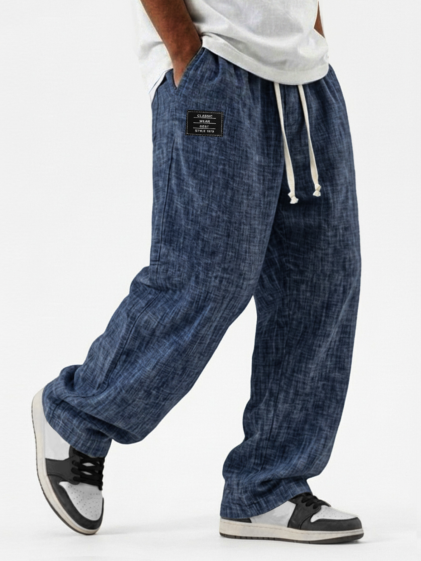Men's Casual, Breathable Cotton-Linen Loose-Fit Trousers with Embroidered Logo