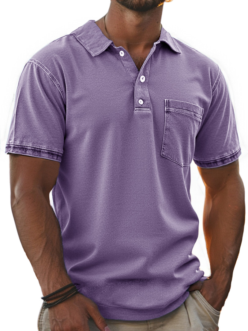 Men's Stylish Retro Pure Cotton Distressed Fabric Pocket Lapel Polo Shirt 