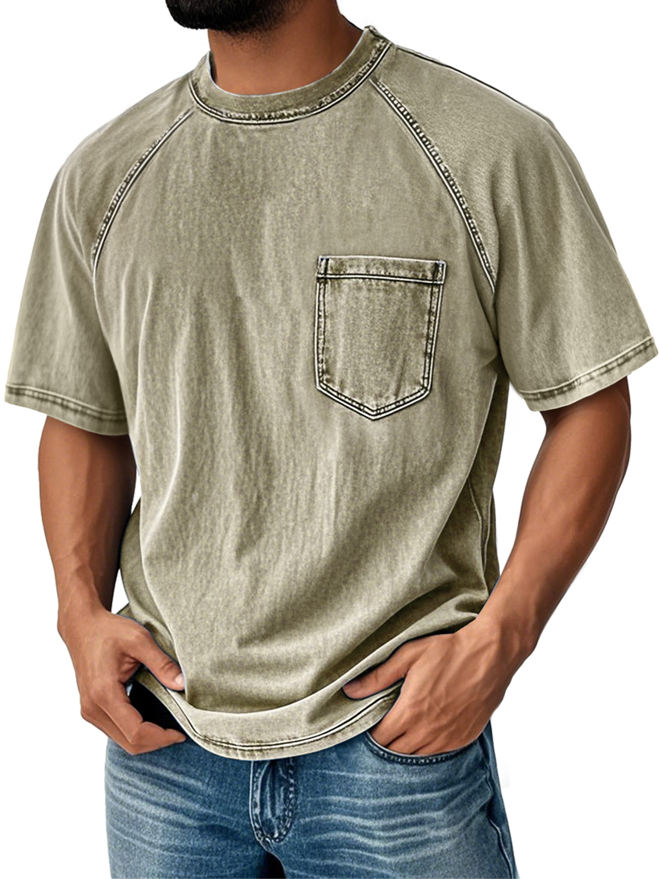 Men's Retro Round Neck Raglan Sleeve Casual Pocket Short Sleeve T-Shirt