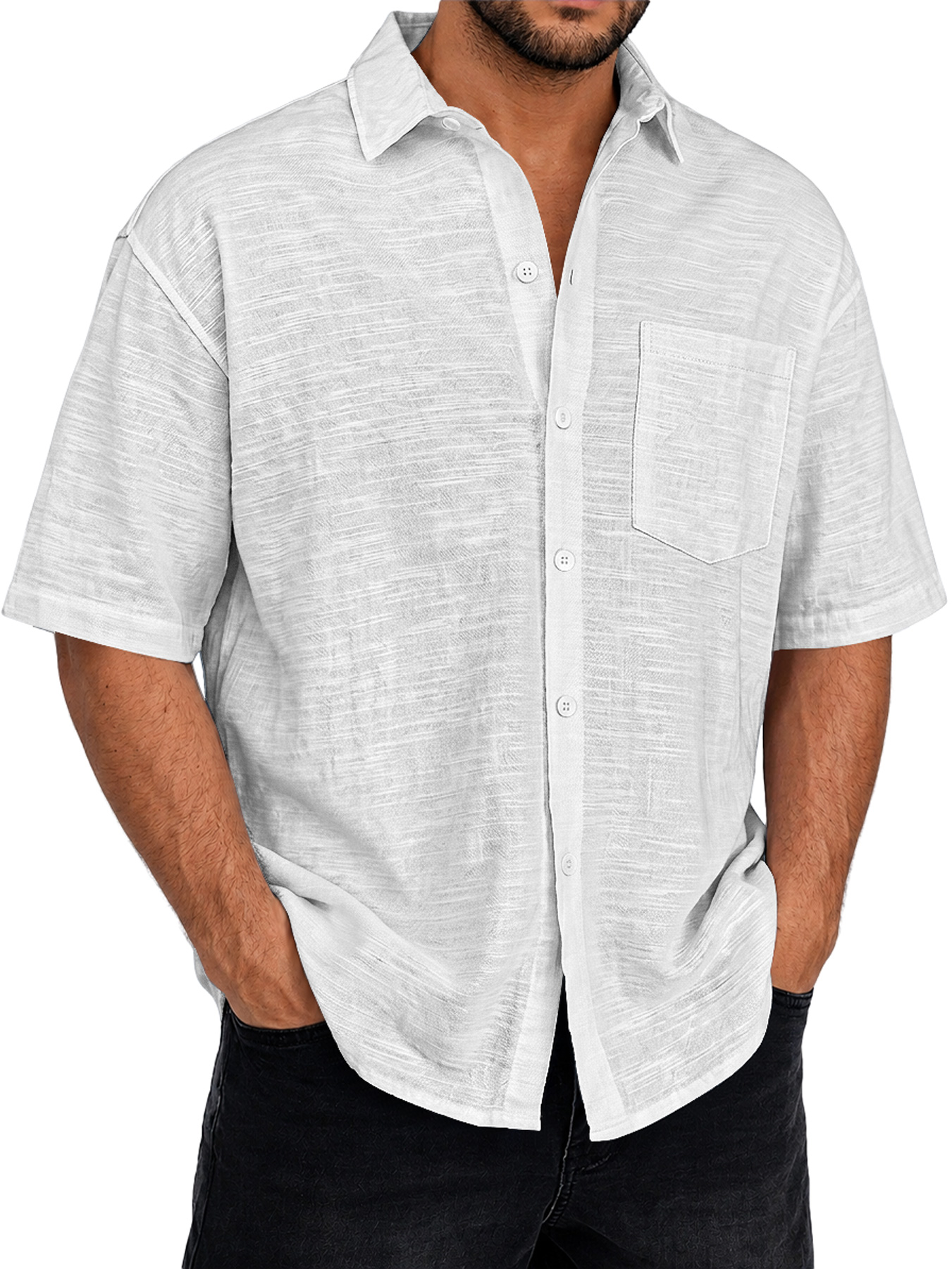 Men's Textured Casual Short-Sleeve Shirt with Collar and Pocket