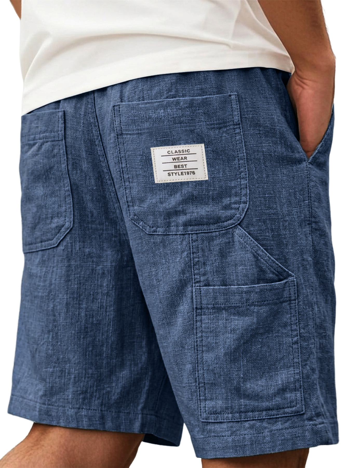 Men's Comfortable Cotton Linen Multi-Pocket Embroidered Logo Casual Cargo Shorts