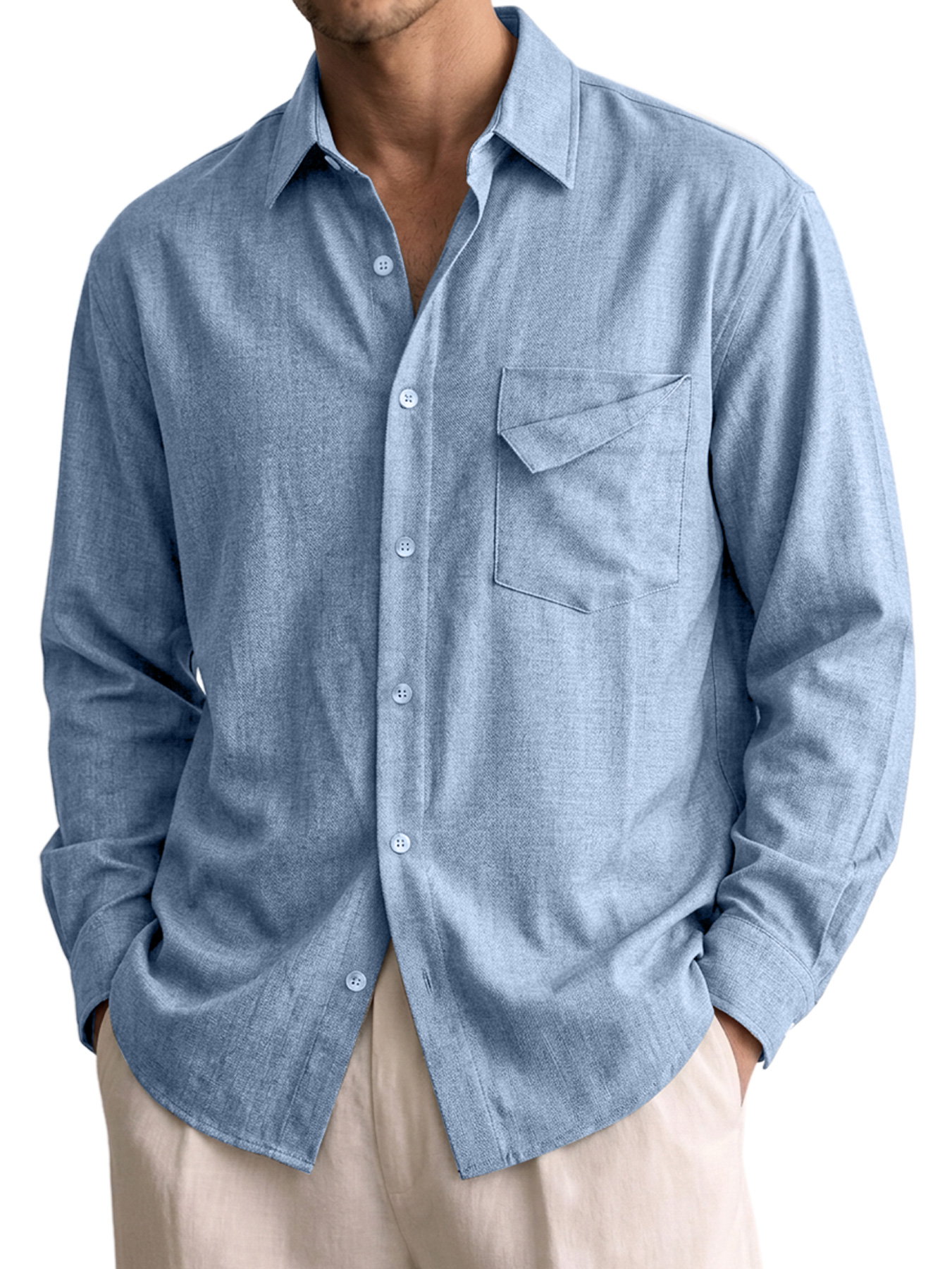 Men's Comfortable Long-Sleeve Cotton-Linen Shirt with Pocket Design