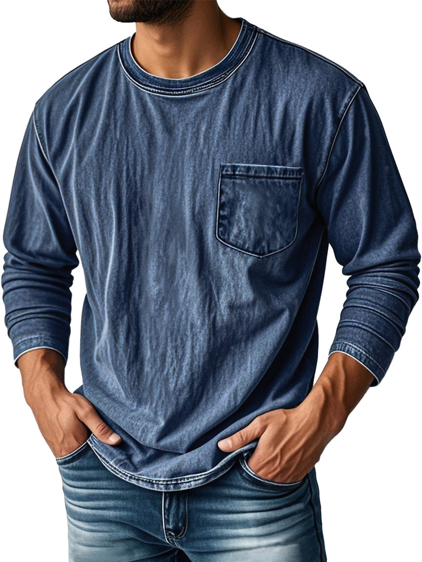 Men's Vintage Distressed Round Neck Pocket Casual Long-sleeved T-shirt