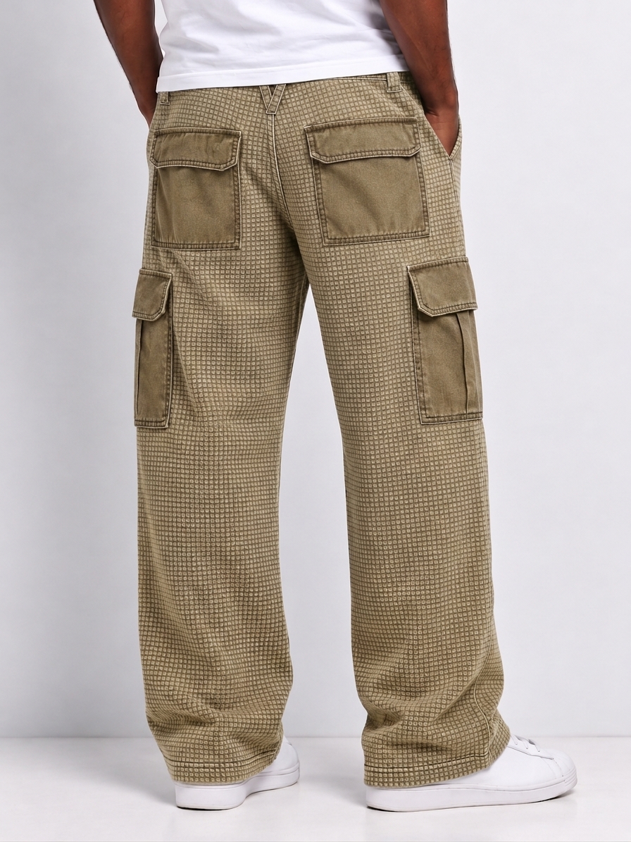 Men's Retro Distressed Washed Contrast Multi-pocket Straight Pants
