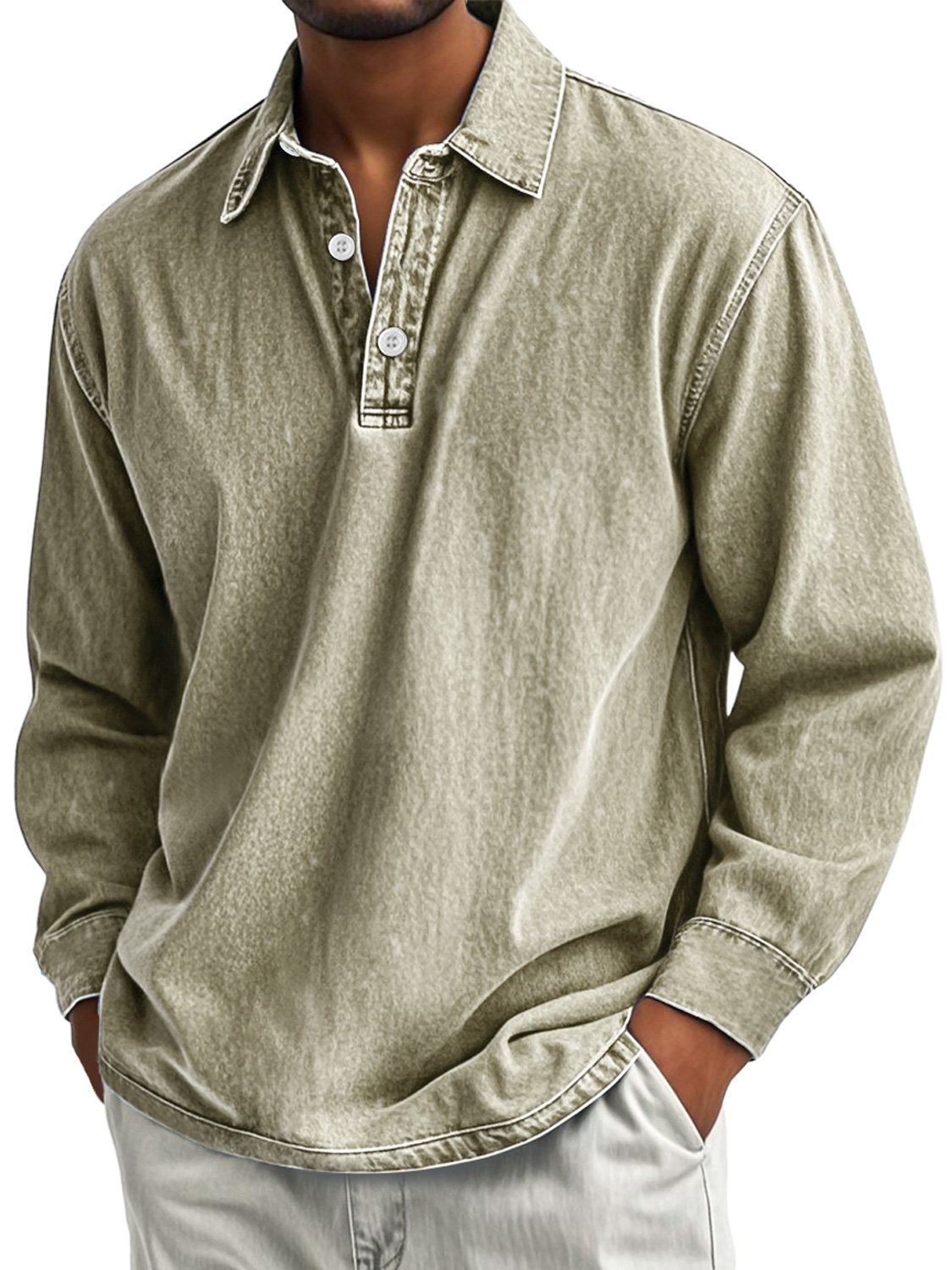 Men's Retro Casual Lapel Button Down Distressed Long Sleeve Polo Shirt