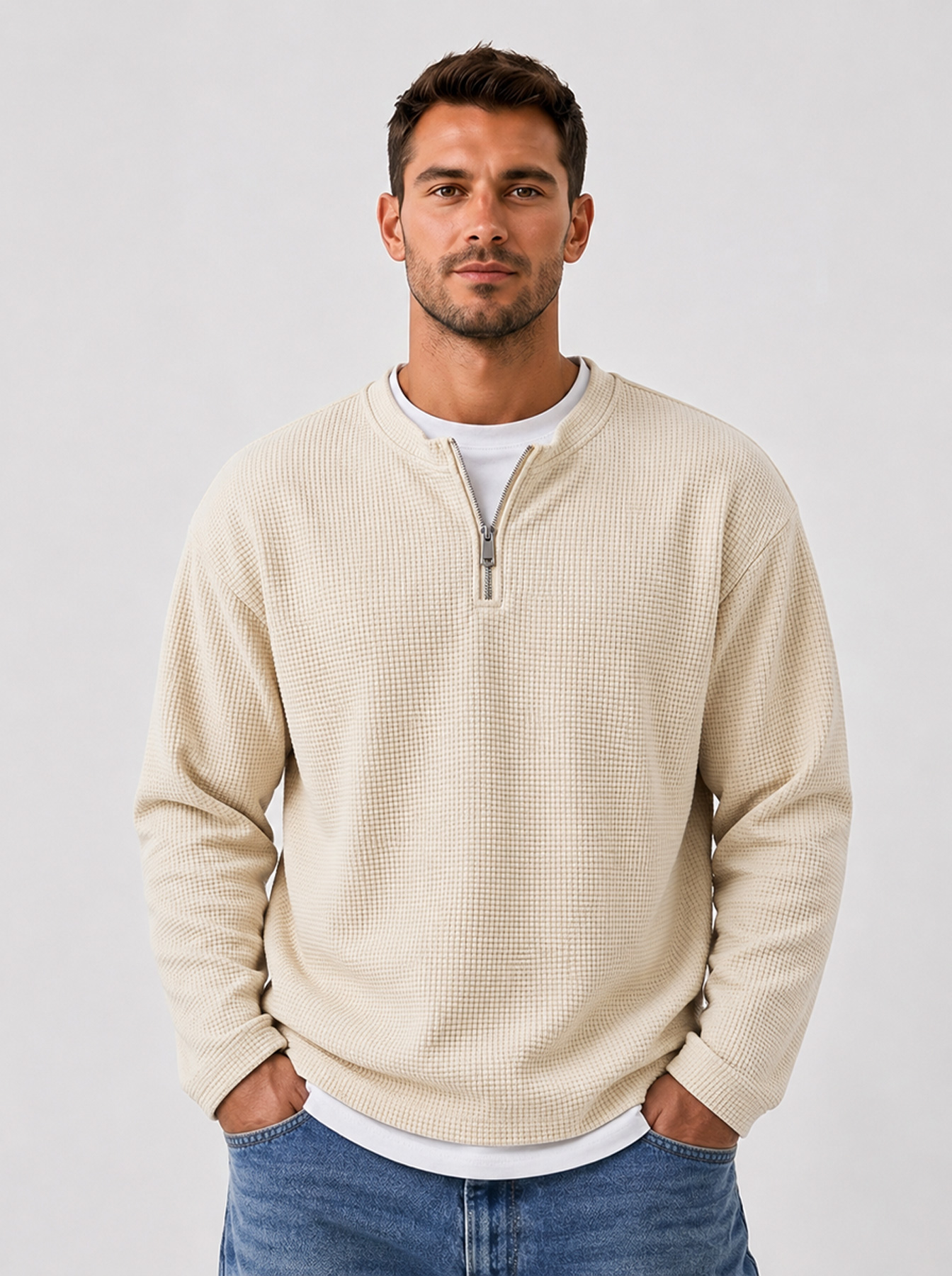 Men's Waffle-Knit Long-Sleeve Casual T-Shirt with Faux-Layered Design, Crew Neck, and Zipper Detail