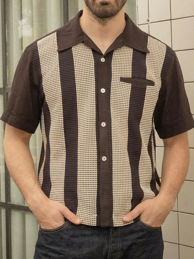 Men's Vintage Waffle-Knit Striped Short-Sleeve Shirt