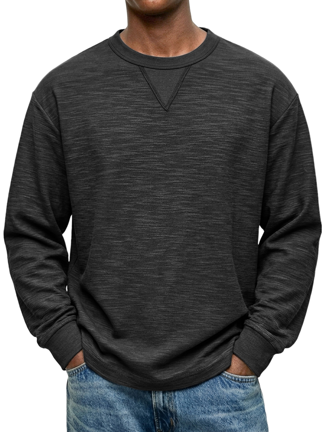 Men's Textured Long-Sleeve Crew-Neck T-Shirt with Inverted-Triangle Design