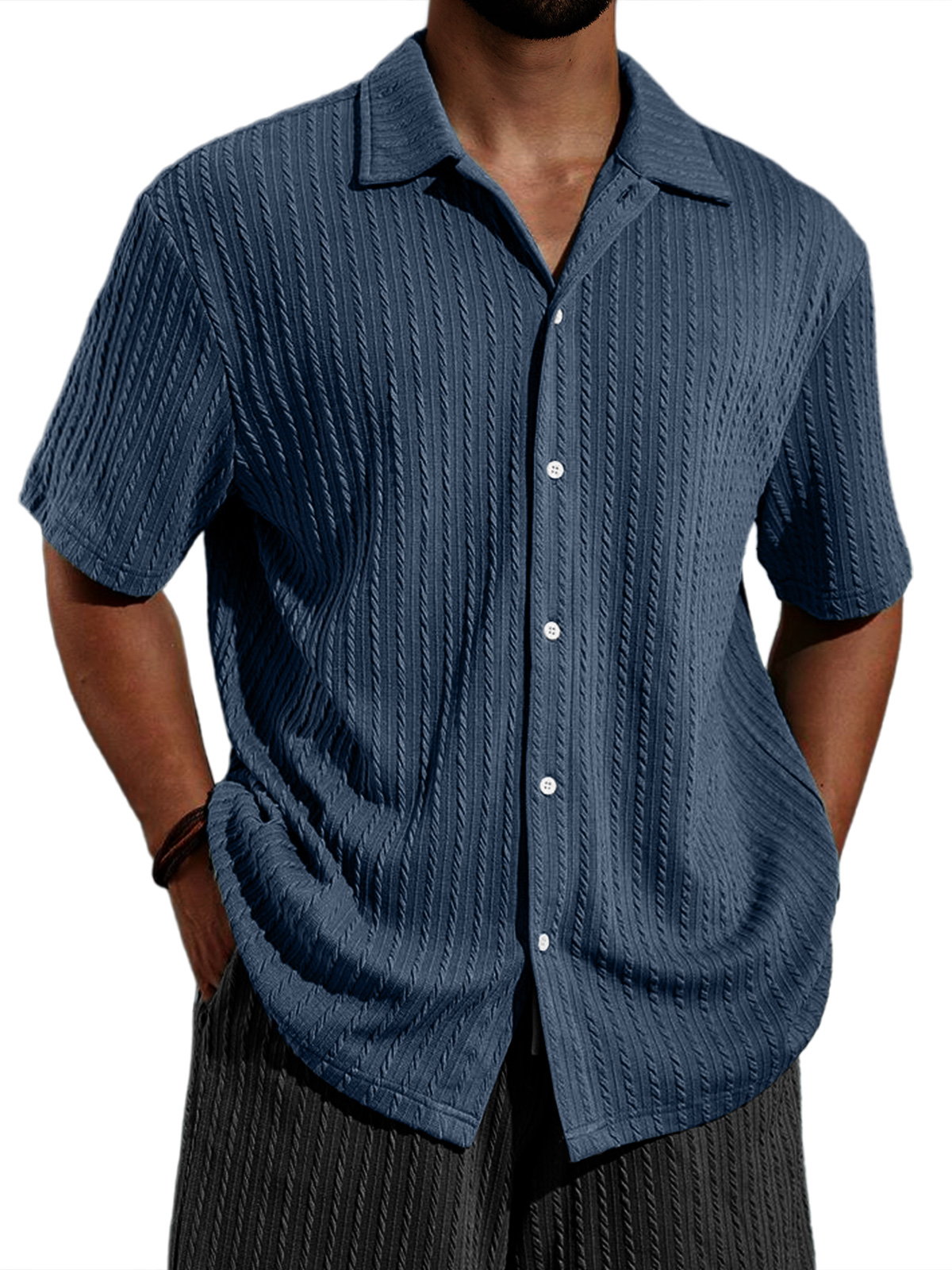 Men's Casual Lapel Jacquard Solid Color Short-sleeved Shirt